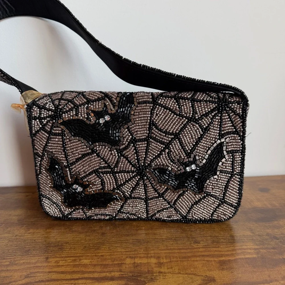 New From India To You Viral Beaded Bat Shoulder Handbag Spooky Halloween Black